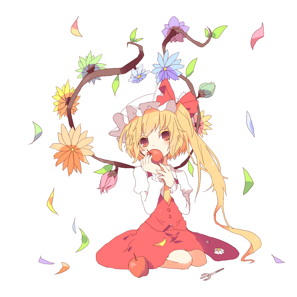 1girl, absurdly_long_hair, adapted_costume, alternate_wings, apple, blonde_hair, blue_flower, blue_petals