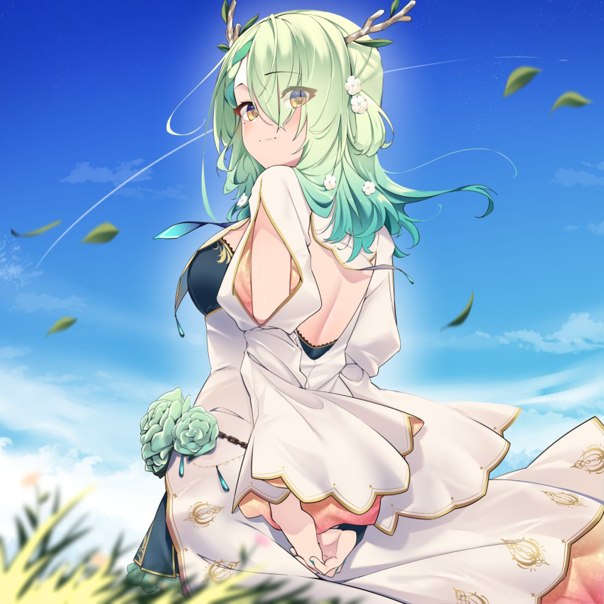 1girl, arms_behind_back, backless_outfit, blue_sky, ceres_fauna, ceres_fauna_(1st_costume), eyes_visible_through_hair, flower, from_behind, green_hair, hair_flower, hair_ornament, highres, hololive, hololive_english, interlocked_fingers, leaf, looking_back, mole, mole_under_eye, nano_(nanojyaa), sky, virtual_youtuber, wind, yellow_eyes