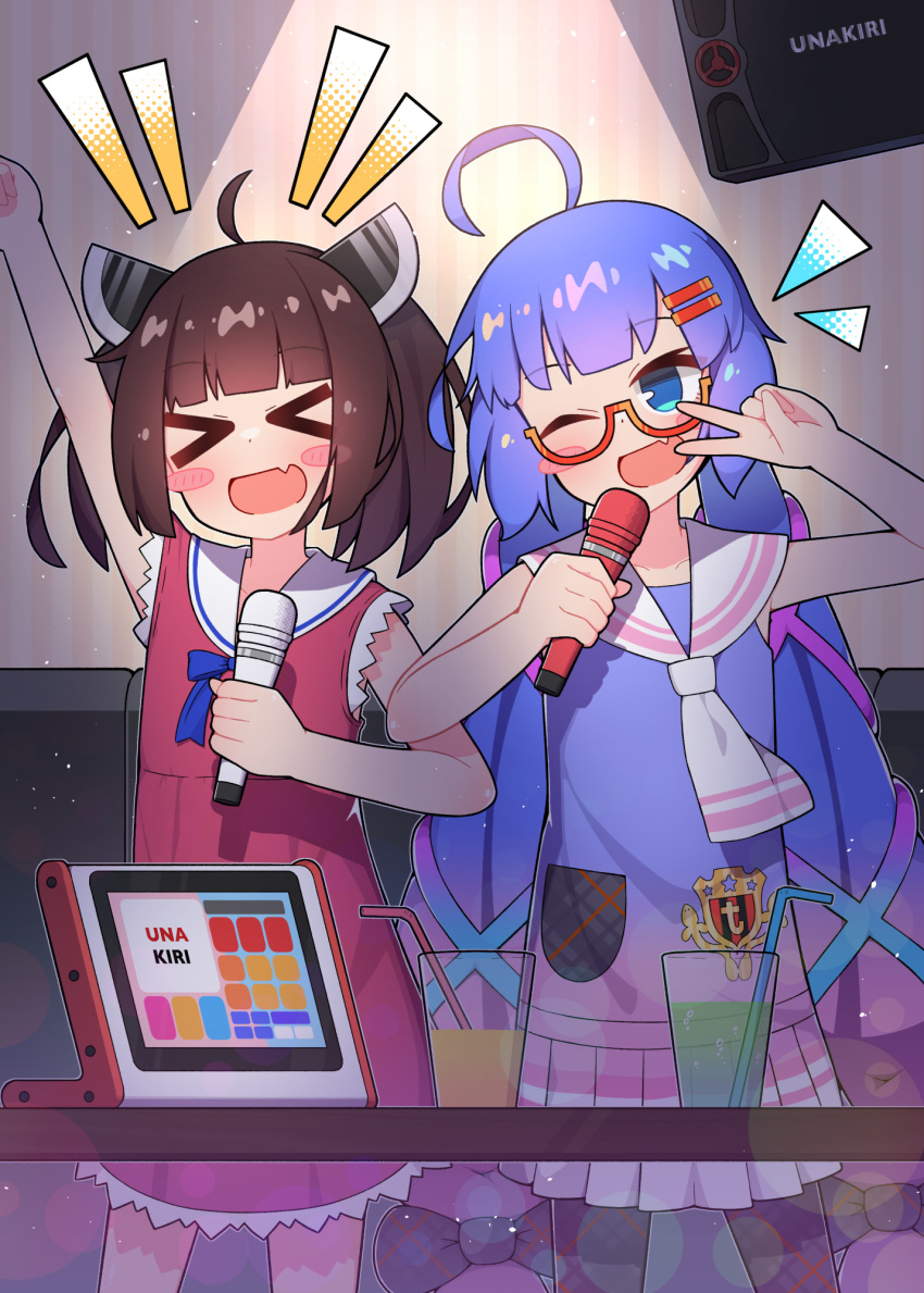 >_<, 2girls, ahoge, arm_up, bench, blue_eyes, blue_hair, blue_ribbon