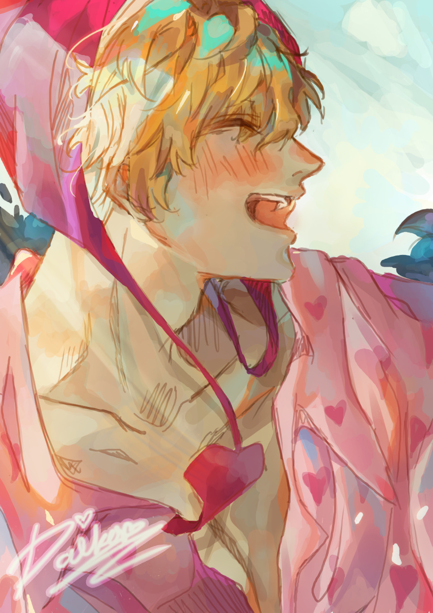 1boy, absurdres, bishounen, blonde_hair, blush, coat, coat_on_shoulders, daikon_illustrations