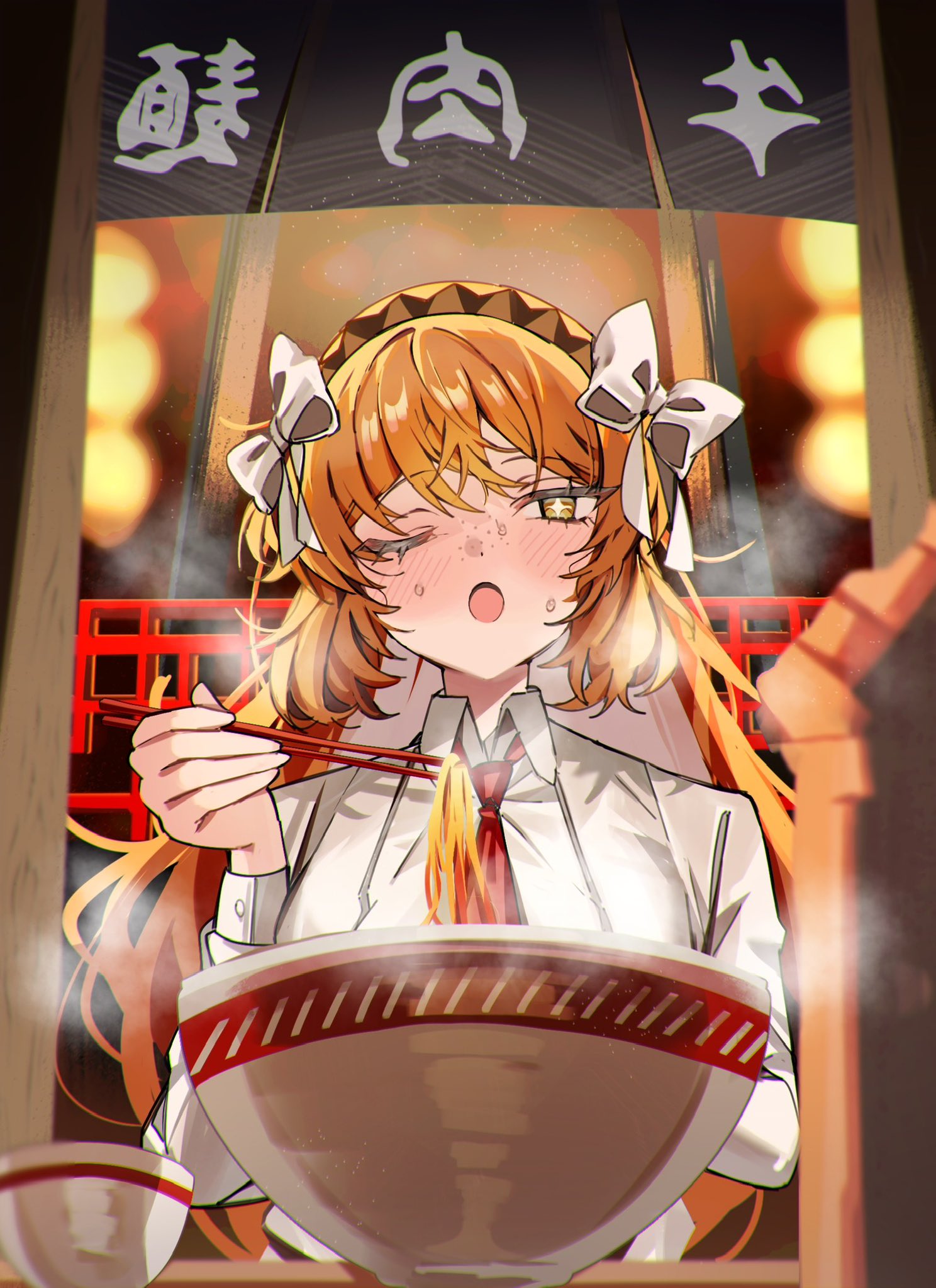 1girl, chopsticks, green_eyes, highres, holding, holding_chopsticks, ishmael_(project_moon), limbus_company