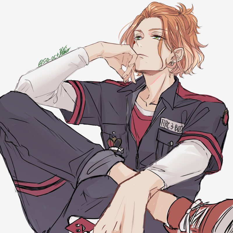 1boy, black_jumpsuit, cater_diamond, cellphone, commentary_request, crossed_legs, earrings, foot_out_of_frame