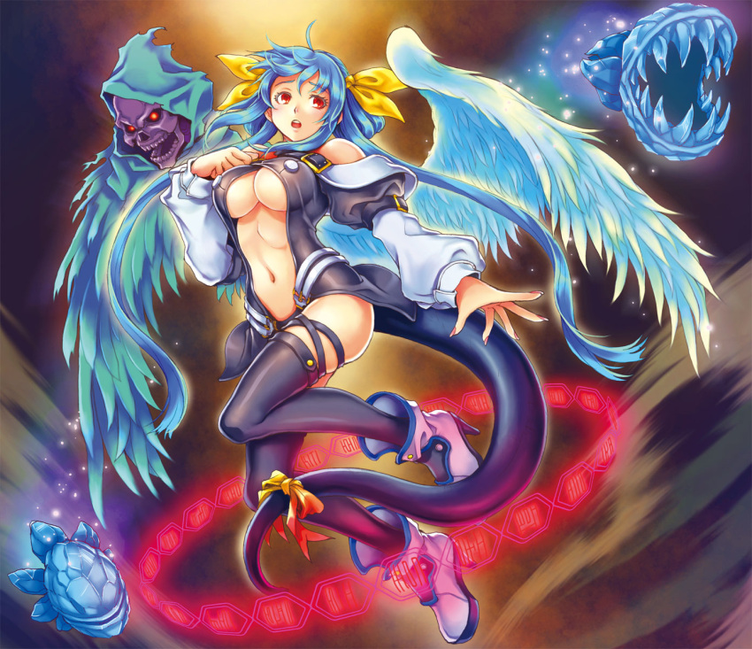 angel_wings, asymmetrical_wings, blue_hair, bow, breasts, center_opening, cleavage, dizzy