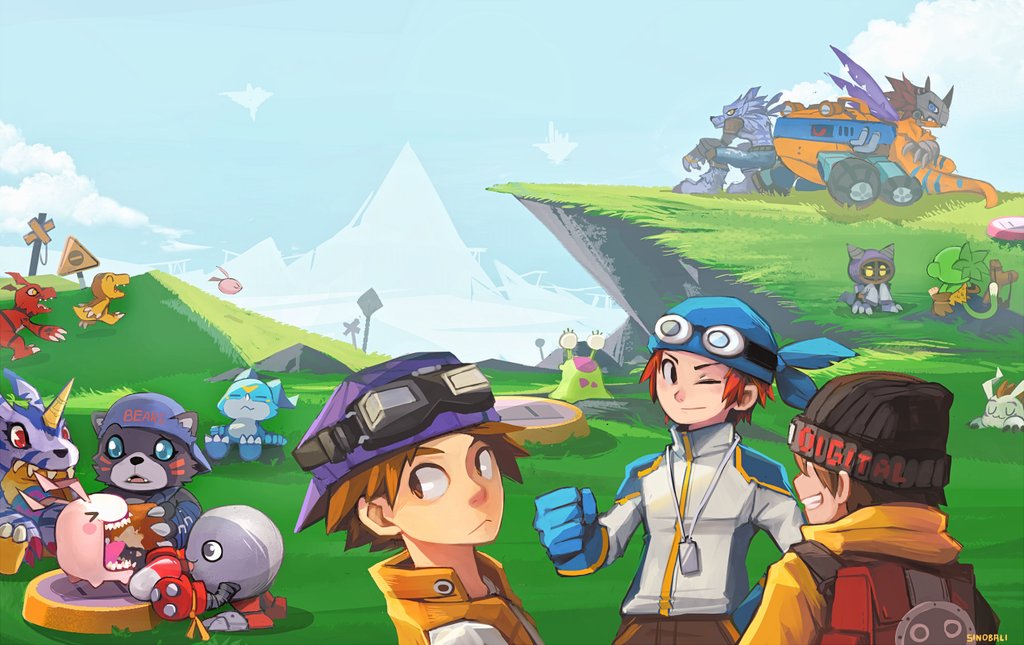3boys, agumon, akira_(digimon_world_2), atsushi_(digimon_world_3), backpack, bag, bearmon, brown_hair