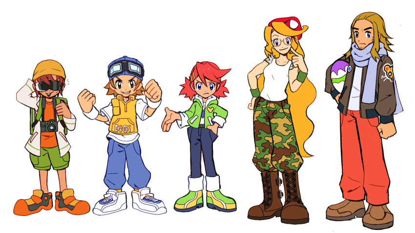 2girls, 3boys, atsushi_(digimon_world_3), boots, camera, digimon, digimon_world_3, digitama