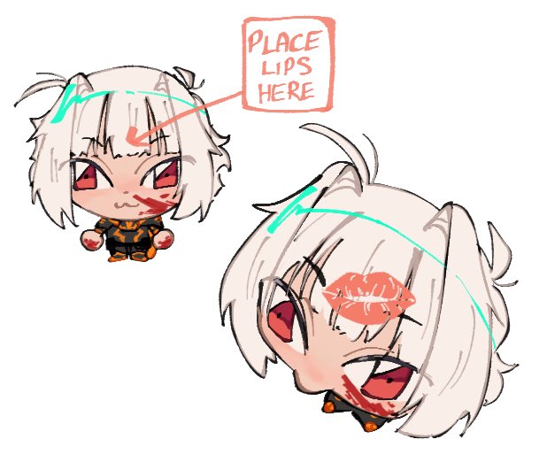 1girl, :3, ahumansandwich, armor, blood, blood_on_clothes, blood_on_face, blood_on_hands, cape, chibi, choppy_bangs, english_text, hair_intakes, lipstick_mark, lipstick_mark_on_forehead, meme, messy_hair, myo_(project_moon), orange_cape, place_lips_here_(meme), project_moon, red_eyes, simple_background, solo, white_background, white_hair