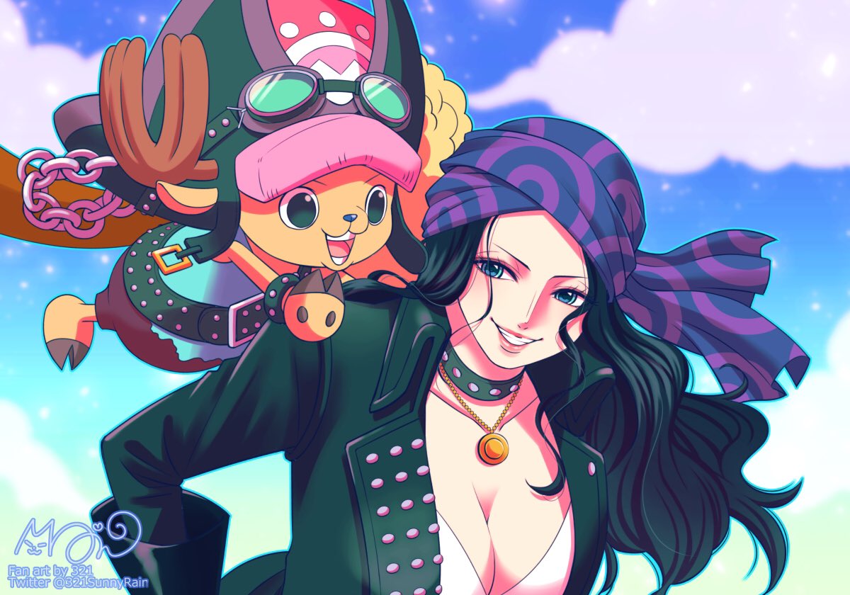 1boy, 1girl, 321, antlers, bandana, belt, bikini, bikini_top_only, black_hair, blue_eyes, bracelet, clouds, coat, commentary_request, goggles, goggles_on_headwear, hat, jewelry, long_hair, looking_at_another, necklace, nico_robin, one_piece, one_piece_film:_red, reindeer_antlers, sky, smile, swimsuit, tony_tony_chopper, white_bikini