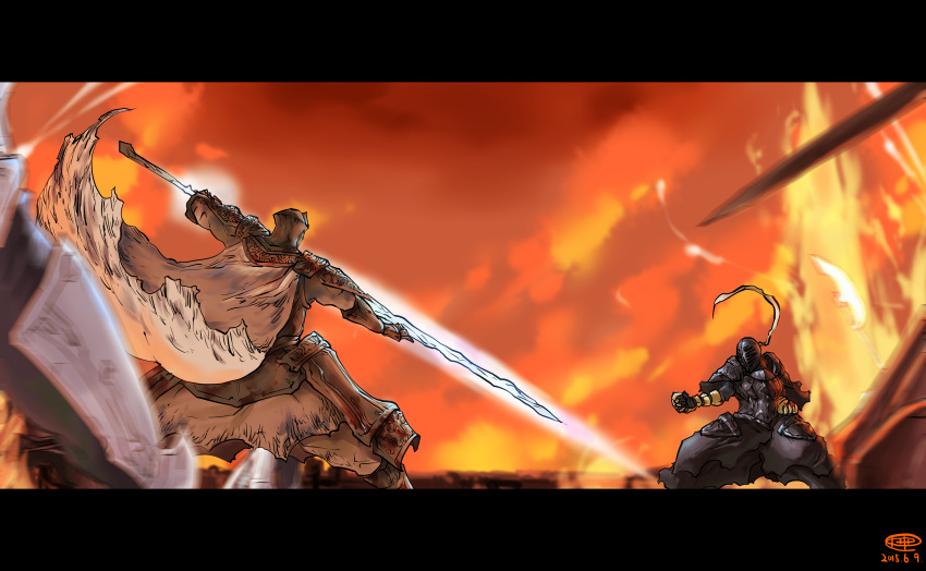 absurdres, ambiguous_gender, armor, battle, bearer_of_the_curse, black_border, bone, border