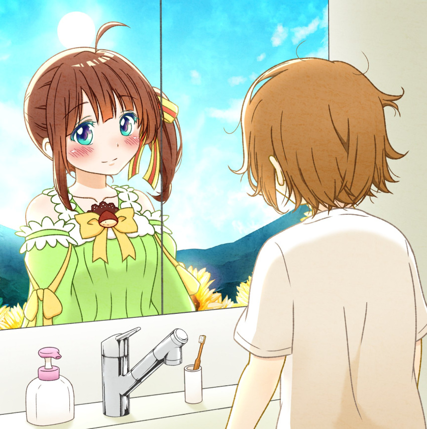 1boy, 1girl, ahoge, bathroom, blue_eyes, blush, commentary_request, detached_sleeves