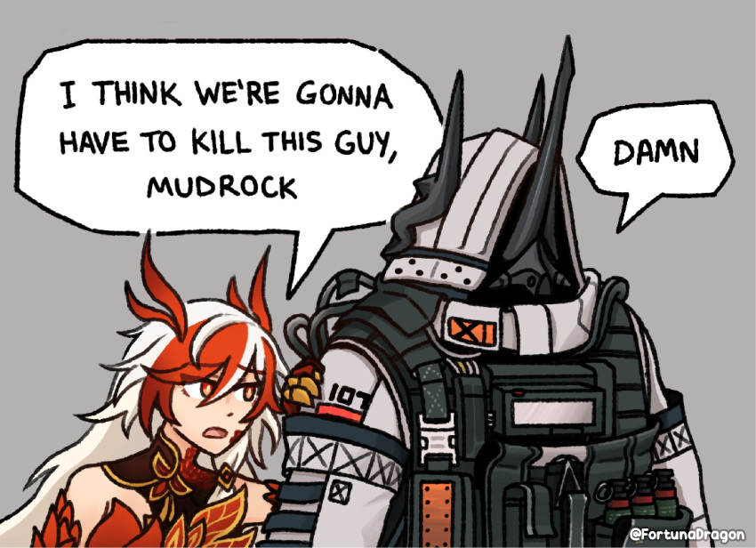 2girls, arknights, bare_shoulders, commentary, crossover, english_commentary, english_text, fortunadragon