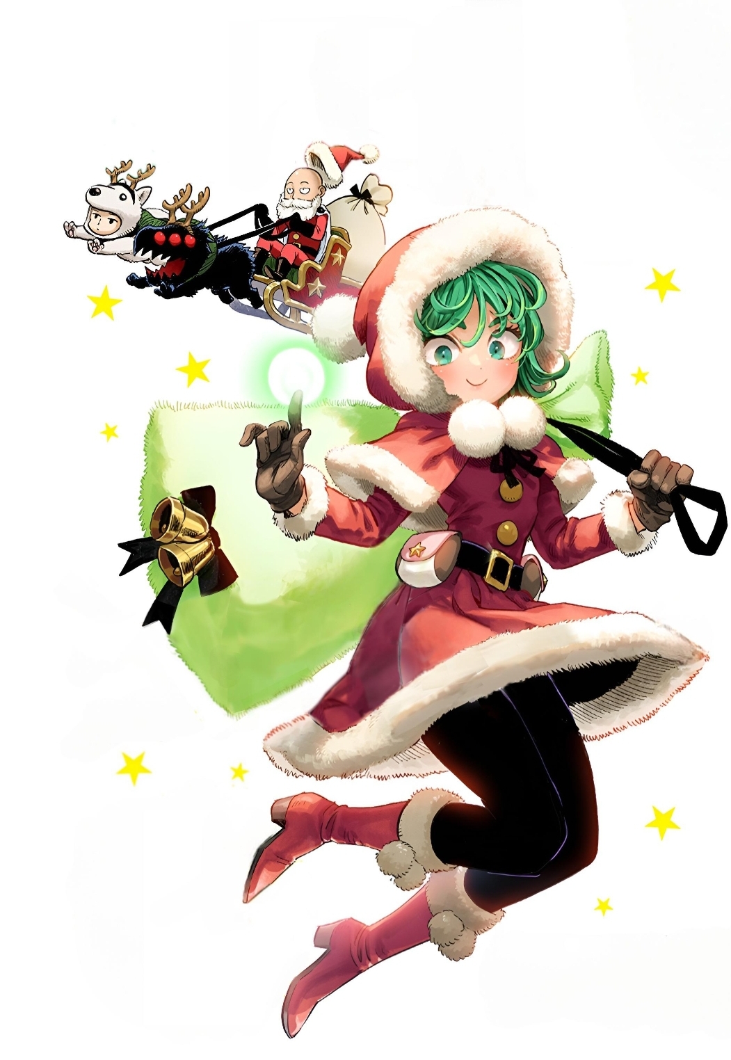 1boy, 1girl, bald, boots, capelet, christmas, curly_hair, dress, floating, fur-trimmed_capelet, fur-trimmed_dress, fur-trimmed_headwear, fur_trim, gloves, green_eyes, green_hair, highres, murata_yuusuke, one-punch_man, pantyhose, red_capelet, red_dress, red_headwear, saitama_(one-punch_man), santa_boots, santa_capelet, santa_costume, santa_dress, santa_gloves, short_hair, smile, tatsumaki, third-party_source
