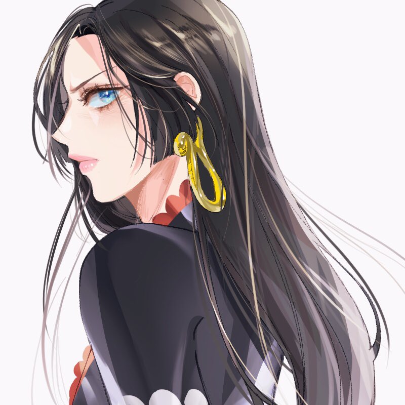 1girl, 1miiiiiina, back, black_hair, blue_eyes, boa_hancock, commentary_request, dress, earrings, from_below, hime_cut, jewelry, korean_commentary, long_hair, looking_at_viewer, one_piece, pink_lips, profile, simple_background, solo, upper_body, white_background