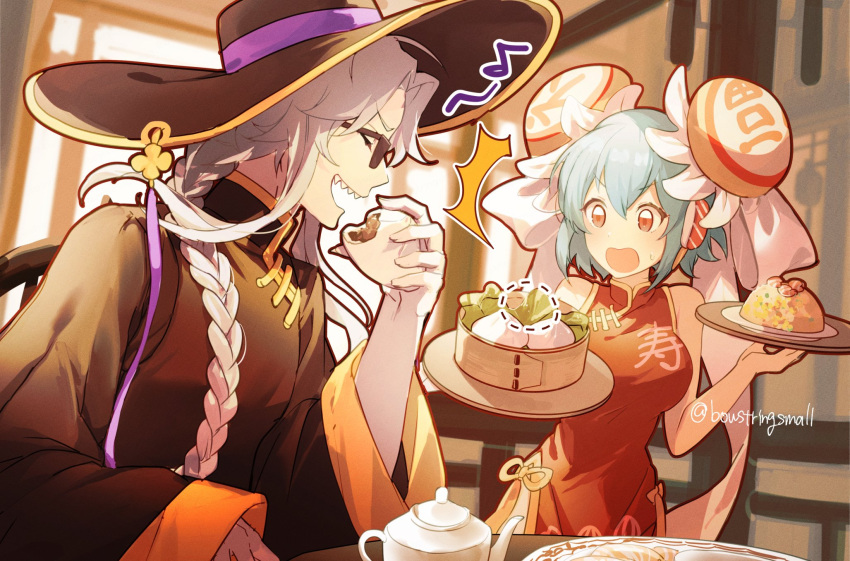 1boy, 1girl, blue_hair, breasts, china_dress, chinese_clothes, commentary_request, double_bun, dress, eating, food, grey_hair, hair_bun, hat, highres, holding, holding_food, indoors, inkamuko, kura_sushi, large_breasts, long_hair, official_alternate_costume, official_alternate_hairstyle, oito_(bowstringsmall), red_eyes, short_hair, sitting, sunglasses, waruiman