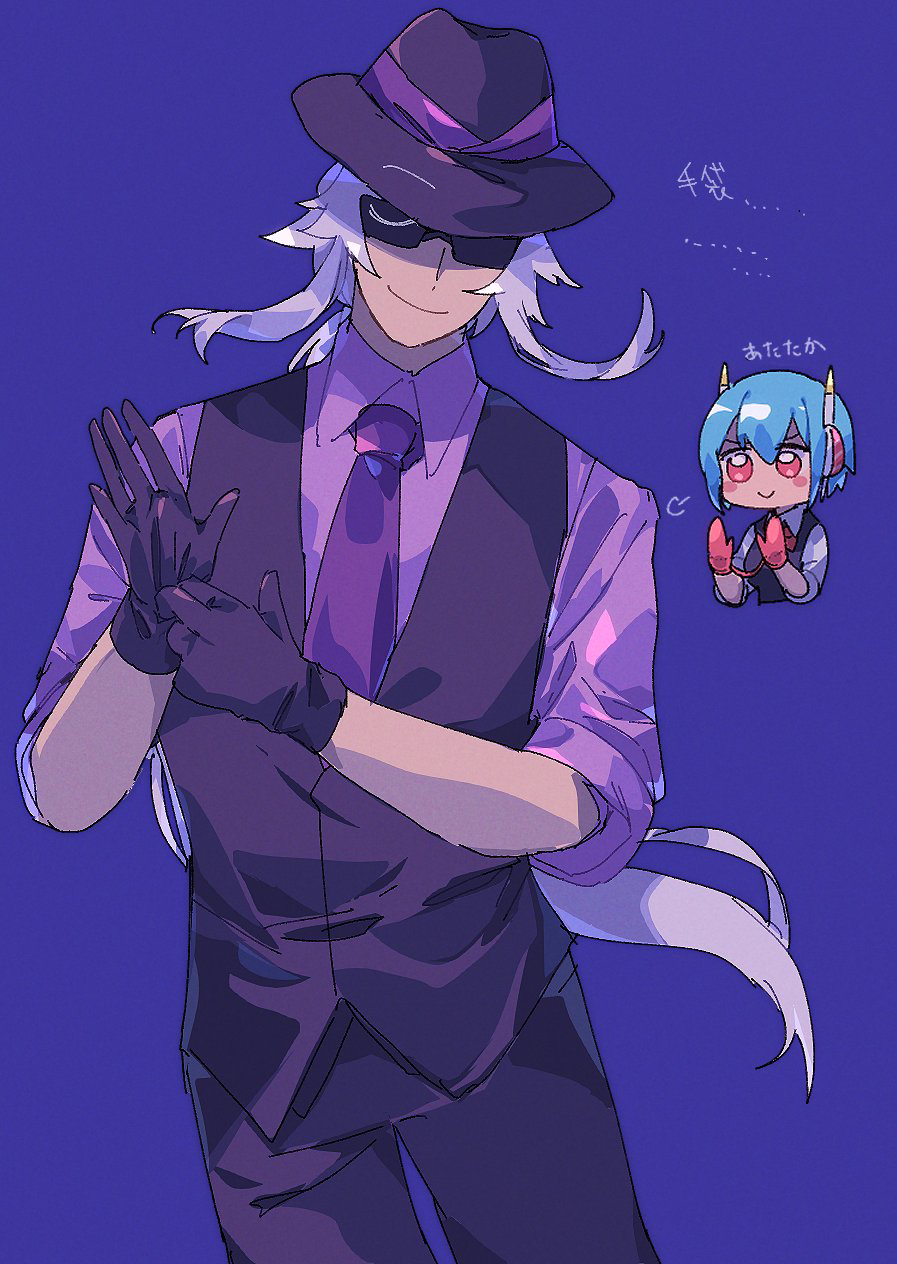 1boy, 1girl, adjusting_clothes, adjusting_gloves, black_gloves, blue_hair, chibi, chibi_inset