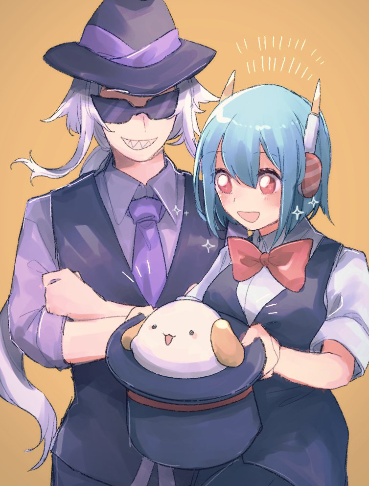 1boy, 1girl, :3, blue_hair, breasts, clenched_teeth, commentary_request, crossed_arms