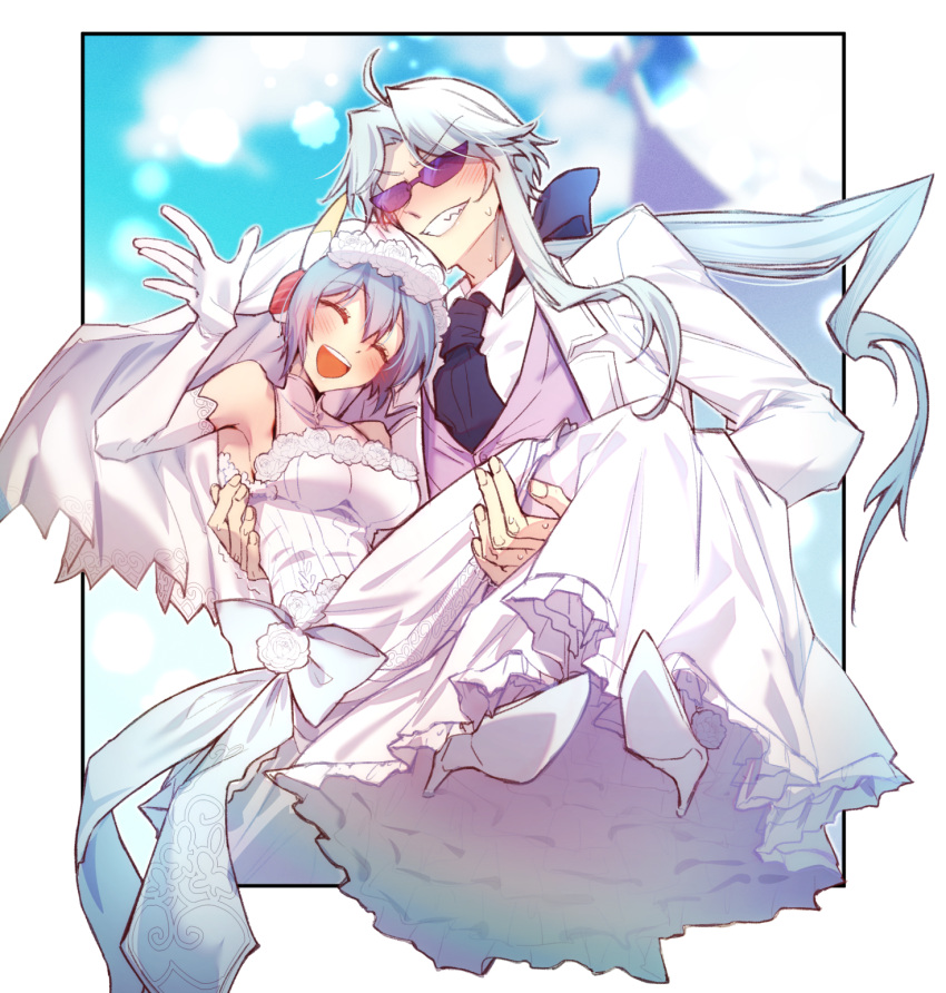 1boy, 1girl, blue_hair, blush, bridal_veil, carrying, carrying_person, clenched_teeth