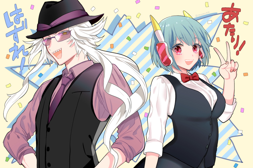 1boy, 1girl, blue_hair, commentary_request, grey_hair, hat, highres, inkamuko
