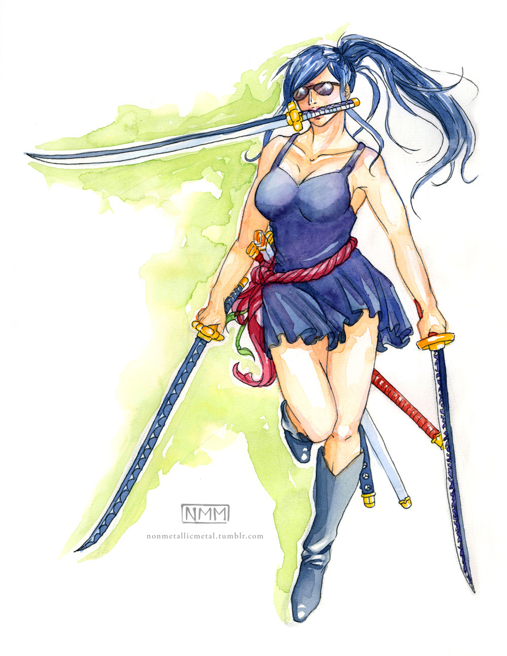 1girl, blue_hair, boots, commentary, cosplay, dress, english_commentary, highres, holding, holding_sword, holding_weapon, nico_robin, nonmetallicmetal, one_piece, ponytail, roronoa_zoro, roronoa_zoro_(cosplay), short_dress, sidelocks, simple_background, sunglasses, sword, walking, weapon
