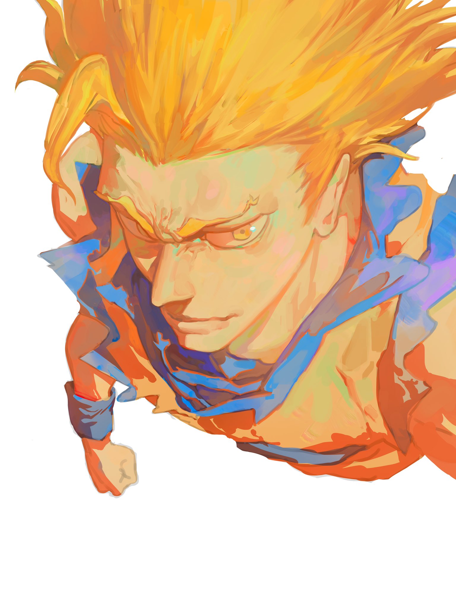 1boy, ahoge, blonde_hair, blue_wristband, clenched_hand, close-up, closed_mouth, dougi