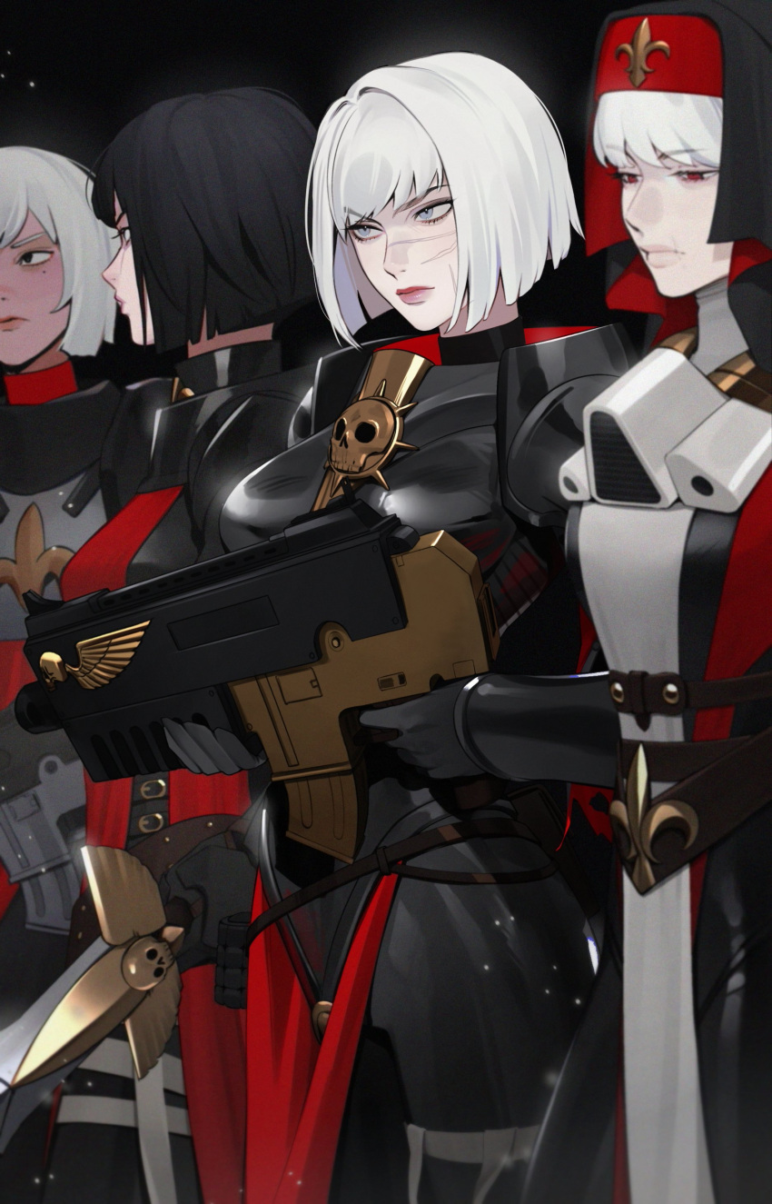 absurdres, adepta_sororitas, armor, black_background, black_eyes, black_hair, bob_cut, bolter, grey_eyes, highres, imperial_aquila, lavelis, loincloth, multiple_girls, power_armor, red_eyes, scar, scar_on_face, skull, warhammer_40k, weapon, white_hair