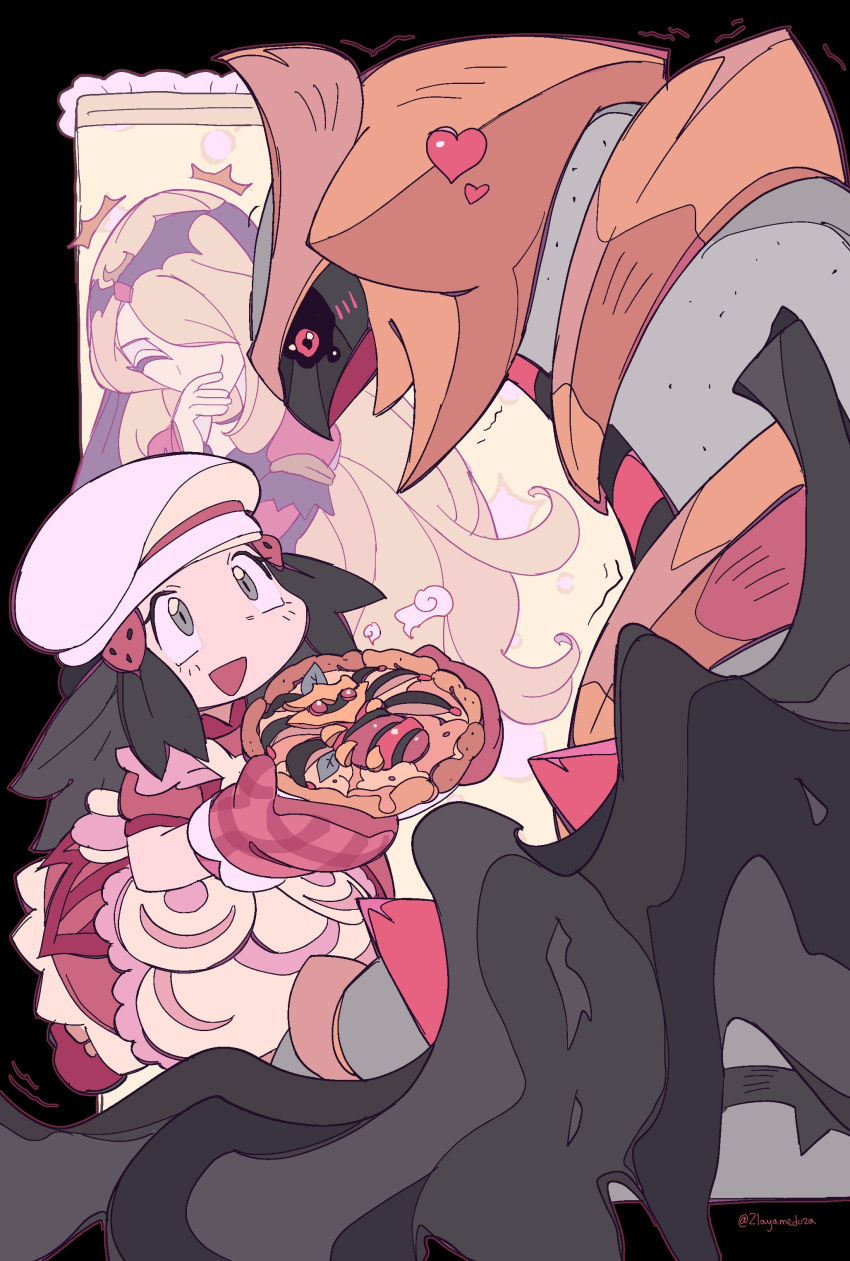 ^^^, absurdres, artist_name, black_border, black_hair, black_sclera, blonde_hair, blush, border, closed_eyes, colored_sclera, commentary, cynthia_(pokemon), cynthia_(sygna_suit)_(renegade)_(pokemon), food, giggling, giratina, giratina_(altered), grey_eyes, hair_over_one_eye, heart, highres, hikari_(pokemon), holding, holding_food, long_hair, mittens, open_mouth, pie, pokemon, pokemon_masters_ex, red_eyes, red_mittens, smile, twitter_username, white_headwear, wings, zlayameduza