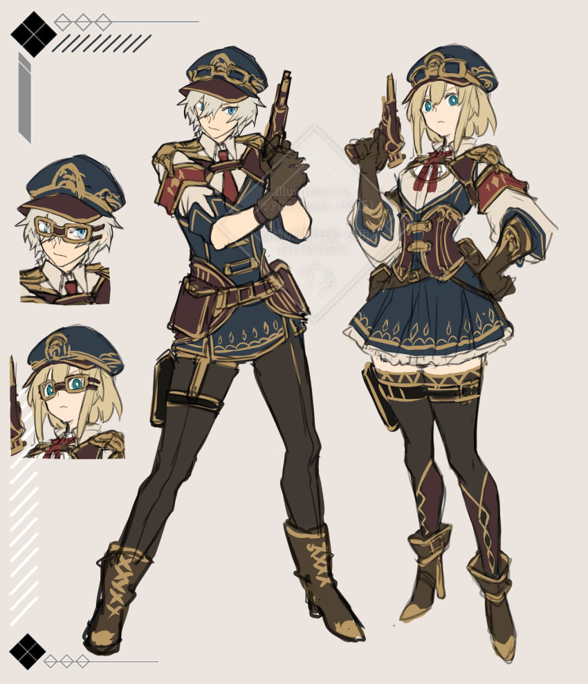 1boy, 1girl, black_pants, black_thighhighs, blonde_hair, blue_eyes, blue_headwear, blue_jacket