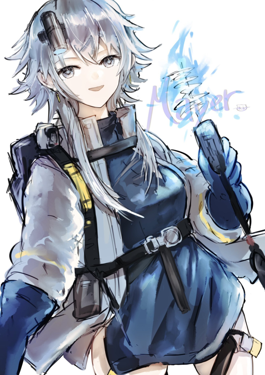 1girl, arknights, backpack, bag, bare_legs, black_eyeliner, blue_gloves, blue_shirt