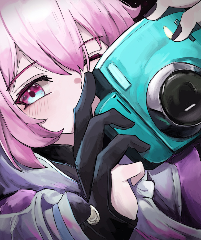 1girl, black_gloves, black_nails, blue_eyes, blush, camera, chinese_commentary, close-up