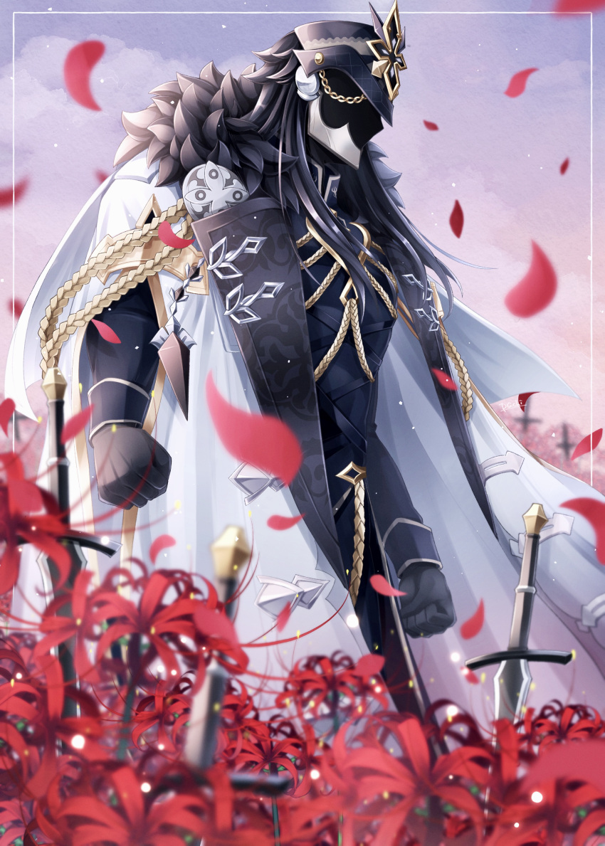 1boy, absurdres, aiguillette, black_gloves, black_hair, capitano_(genshin_impact), coat, falling_petals, fatui_logo, flower, fur-trimmed_coat, fur_trim, genshin_impact, gloves, half_mask, helmet, highres, long_hair, mask, mask_on_head, petals, planted, planted_sword, sky, spider_lily, sword, uouzzz, weapon, white_coat