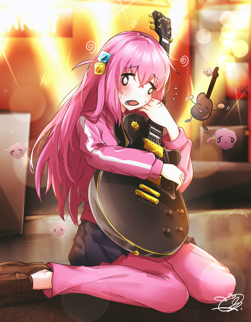 1girl, absurdres, artist_name, black_skirt, bocchi_the_rock!, brown_footwear, commentary, cube_hair_ornament