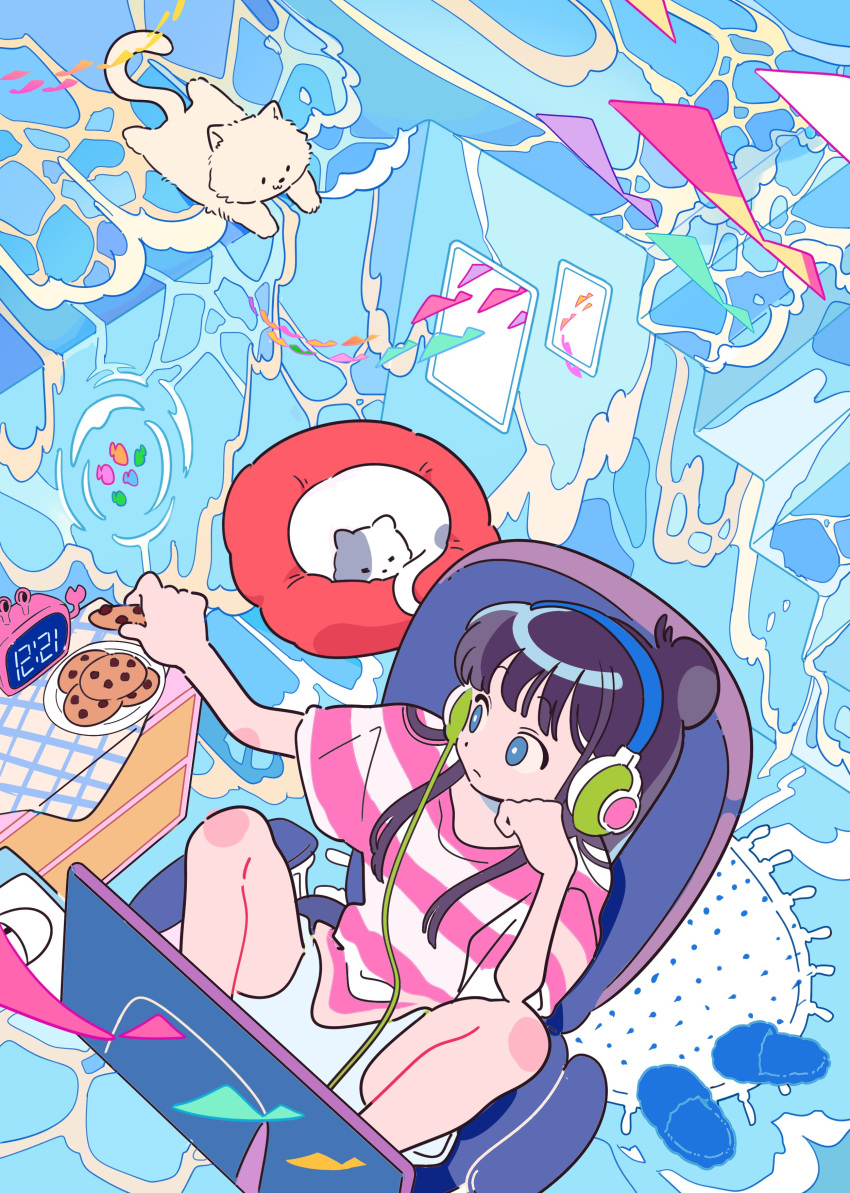 1girl, absurdres, blue_eyes, cat, closed_mouth, cookie, dolman_(dm), food