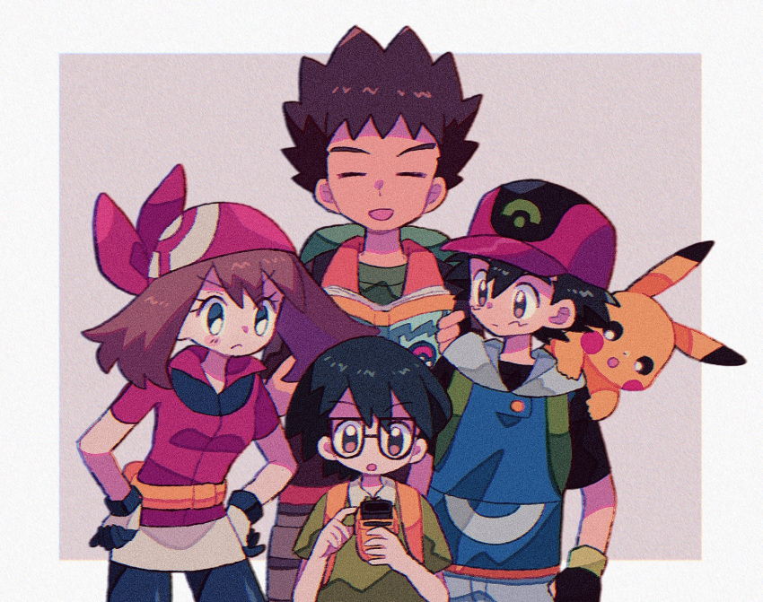 1girl, 3boys, :o, ash_ketchum, backpack, bag, bandana, baseball_cap