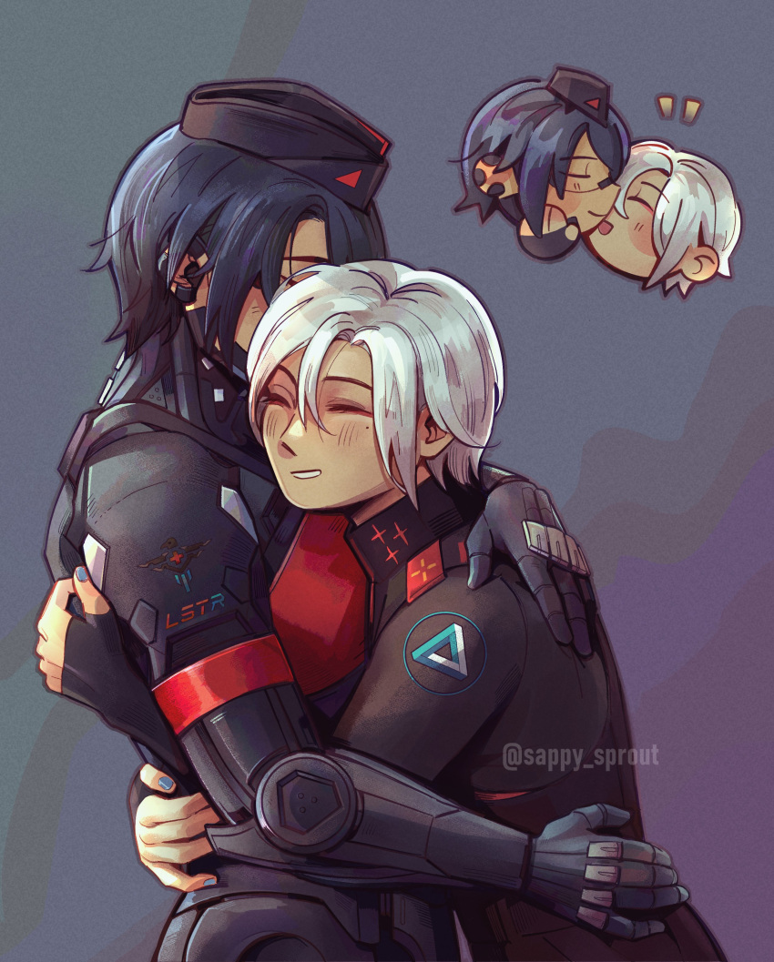 2girls, absurdres, android, ariane_yeong, black_bodysuit, black_hair, blue_nails, blush