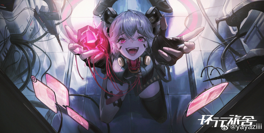 1girl, 1other, :d, absurdres, arms_up, behind_another, black_footwear, black_gloves