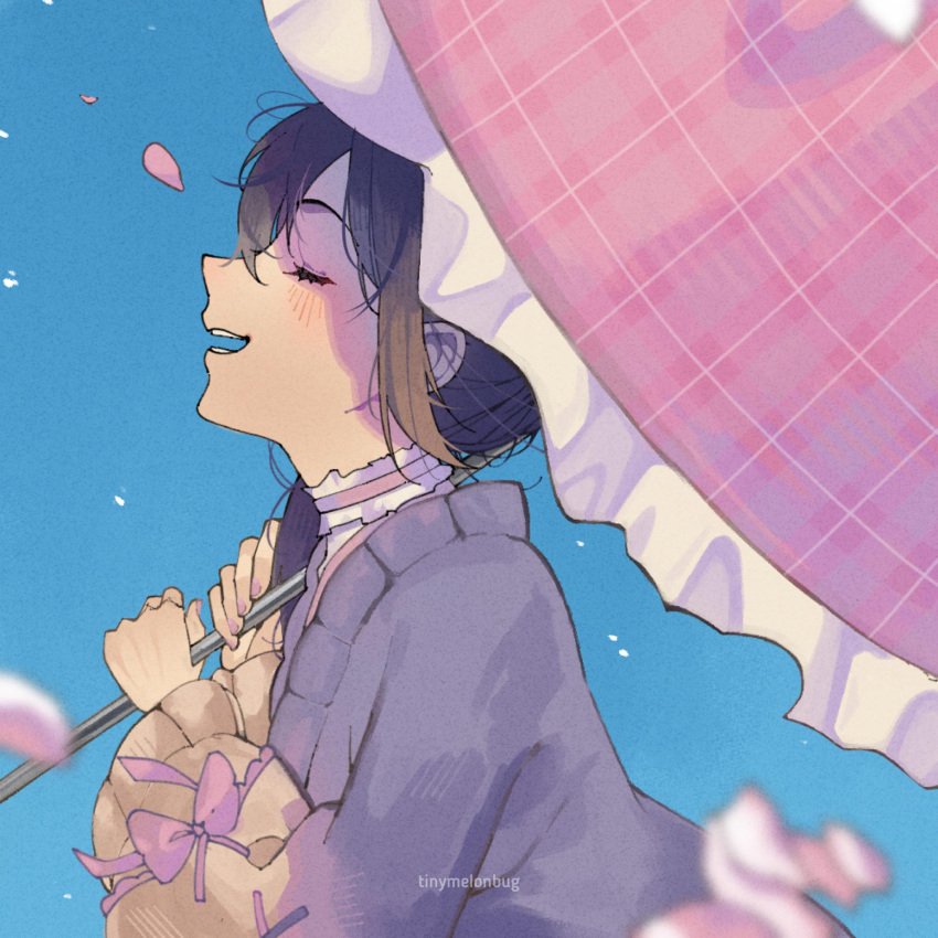 1girl, alternate_costume, alternate_hair_length, alternate_hairstyle, artist_name, blue_sky, blurry, blurry_foreground, blush, brown_hair, cherry_blossoms, choker, closed_eyes, commentary, day, english_commentary, facing_up, falling_petals, frilled_choker, frills, from_side, hair_over_shoulder, hands_up, highres, holding, holding_umbrella, long_hair, long_sleeves, nail_polish, nijisanji, nijisanji_en, open_mouth, outdoors, parasol, petals, petra_gurin, pink_nails, profile, sidelocks, sky, smile, solo, spring_(season), tinymelonbug, umbrella, upper_body, virtual_youtuber, watermark