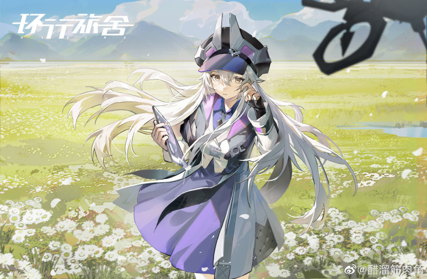 1girl, absurdres, adjusting_hair, black_headwear, blue_sky, cabbie_hat, coat, copyright_name