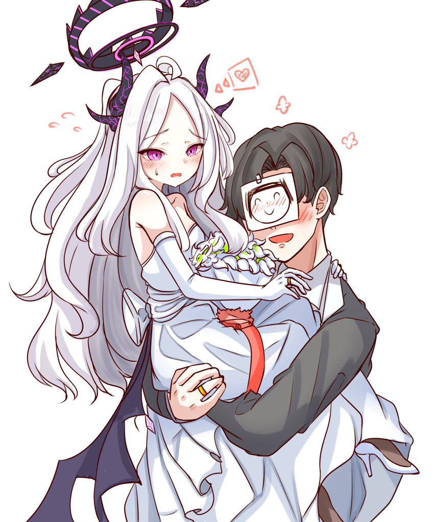 1boy, 1girl, :d, absurdres, ahoge, alternate_costume, bare_shoulders, black_hair