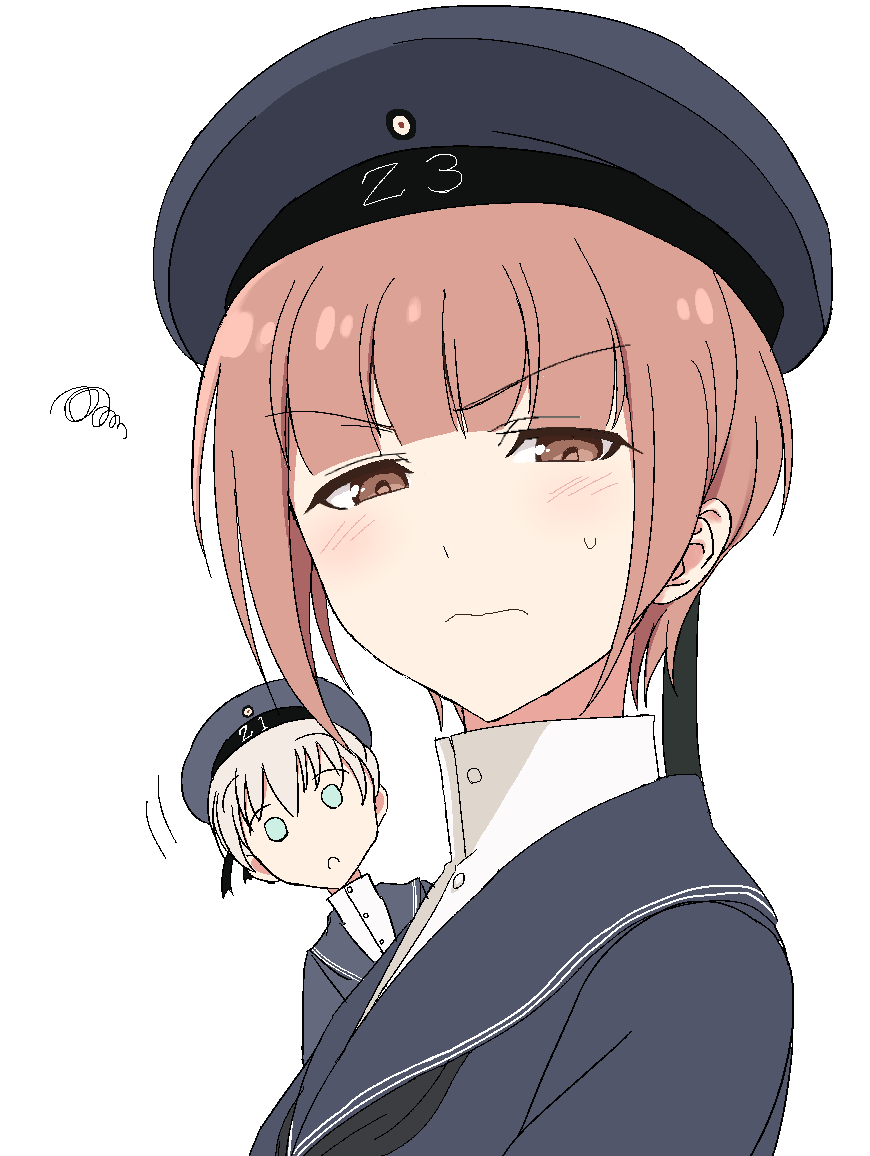 2girls, aqua_eyes, black_neckerchief, blue_dress, blue_headwear, blue_sailor_collar, blush, brown_eyes