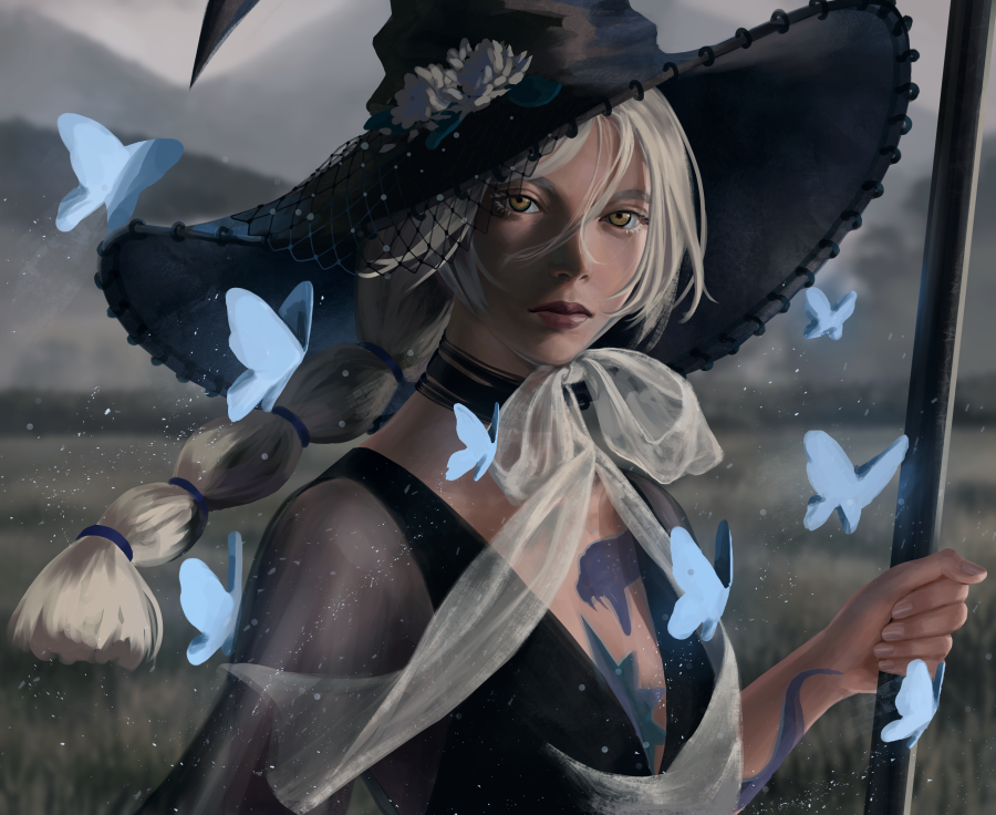 black_dress, blue_butterfly, bug, butterfly, dress, gold_eyes, hat, holding