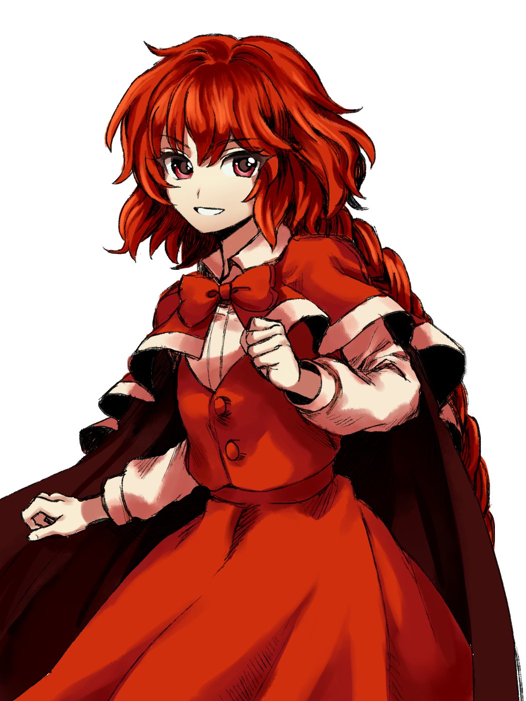 1girl, bow, braid, braided_ponytail, cape, collared_shirt, commentary_request, cowboy_shot