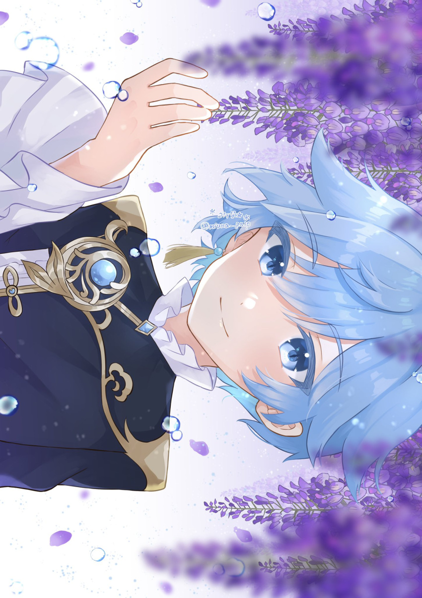 1boy, blue_eyes, blue_hair, chinese_clothes, chongyun_(genshin_impact), closed_mouth, cosplay, earrings