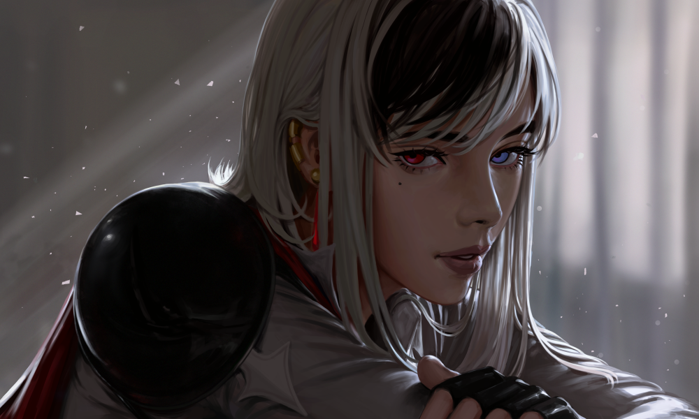 1girl, black_gloves, black_hair, blue_eyes, close-up, earrings, gloves, heterochromia