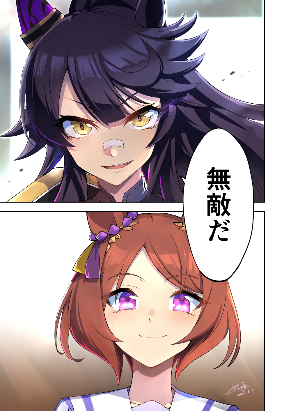 2girls, animal_ears, bandaid, bandaid_on_face, bandaid_on_nose, black_hair, blush, brown_hair