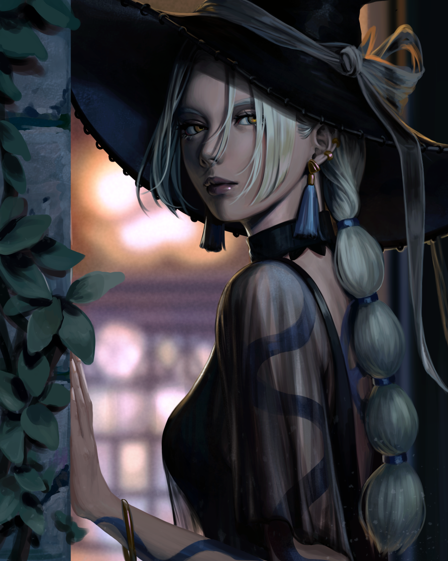 1girl, arm_tattoo, bangle, black_dress, blonde_hair, bracelet, dress, earrings