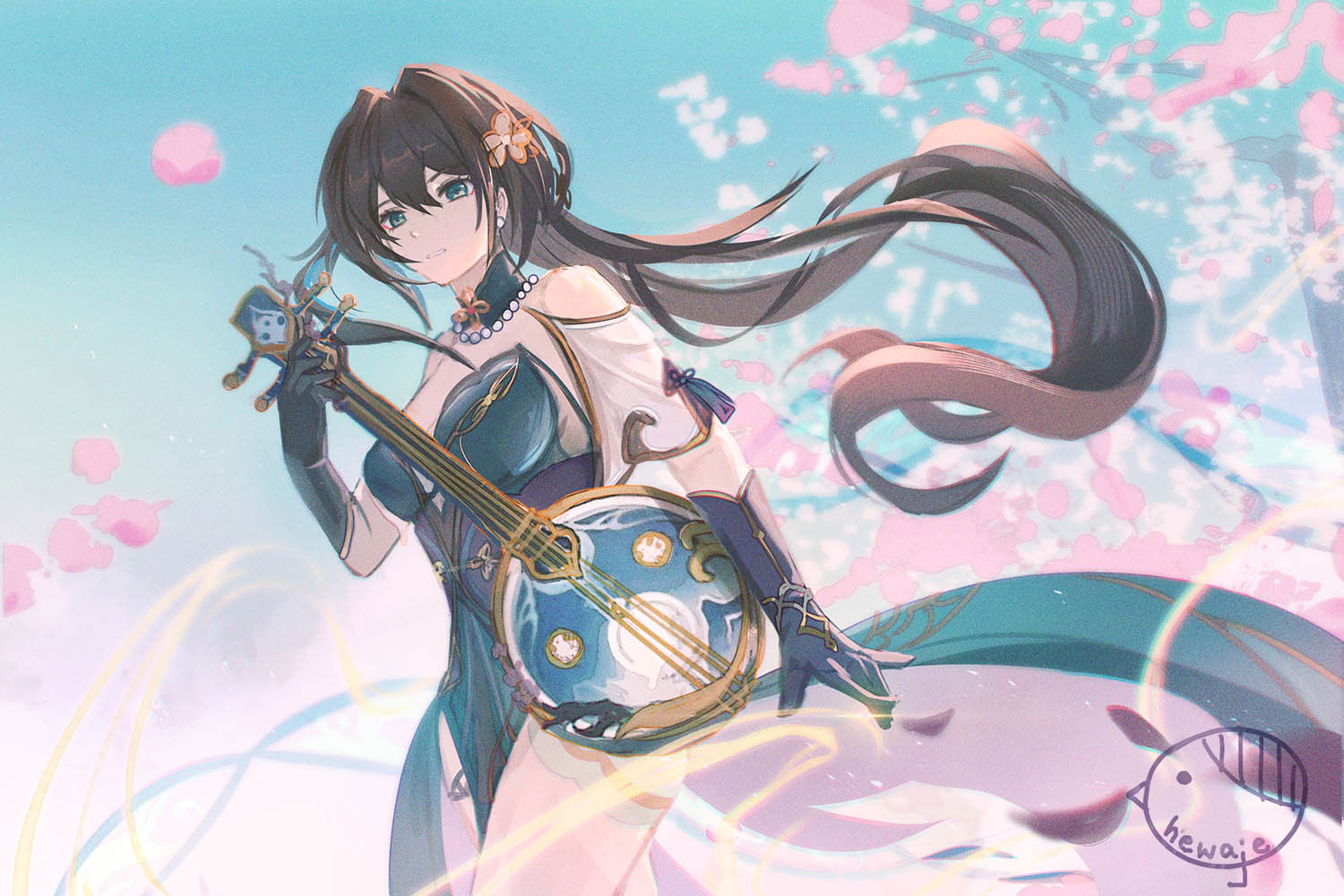 1girl, aqua_dress, aqua_eyes, aqua_gloves, bare_shoulders, bead_necklace, beads, black_hair