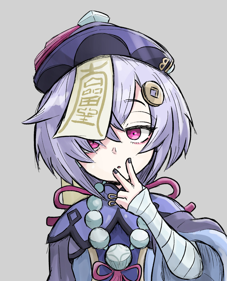 amon_higu3106, bandaged_arm, bandages, bead_necklace, beads, coin_hair_ornament, dress, expressionless, genshin_impact, grey_background, hair_ornament, half-closed_eyes, hat, jewelry, jiangshi, looking_at_viewer, necklace, ofuda_on_head, pale_skin, parted_lips, purple_dress, purple_hair, purple_headwear, qingdai_guanmao, qiqi_(genshin_impact), tareme, upper_body, v, violet_eyes, wide_sleeves