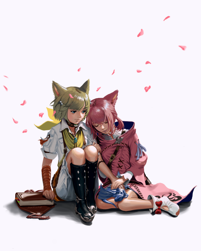 animal_ears, book, boots, cat_ears, coat, dragon, final_fantasy, final_fantasy_xiv, hollizho, khloe_aliapoh, pink_coat, pink_petals, ribbon, scarf, t'kebbe, yellow_scarf