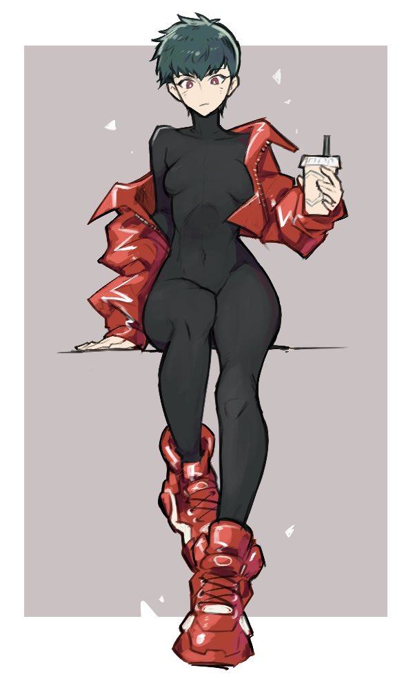 1girl, black_bodysuit, bodystocking, bodysuit, breasts, breasts_apart, covered_navel, cup