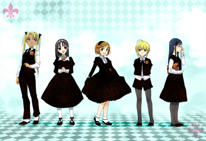 angelica, black_eyes, black_hair, blonde_hair, blue_eyes, bob_cut, book, brown_eyes