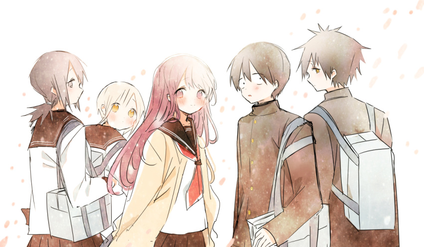 2boys, 3girls, arms_at_sides, backpack, bag, black_hair, black_jacket, black_pants